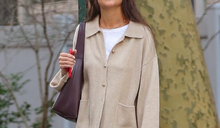 Katie Holmes Wore a Neutral Outfit With Colourful Blue Mary Janes